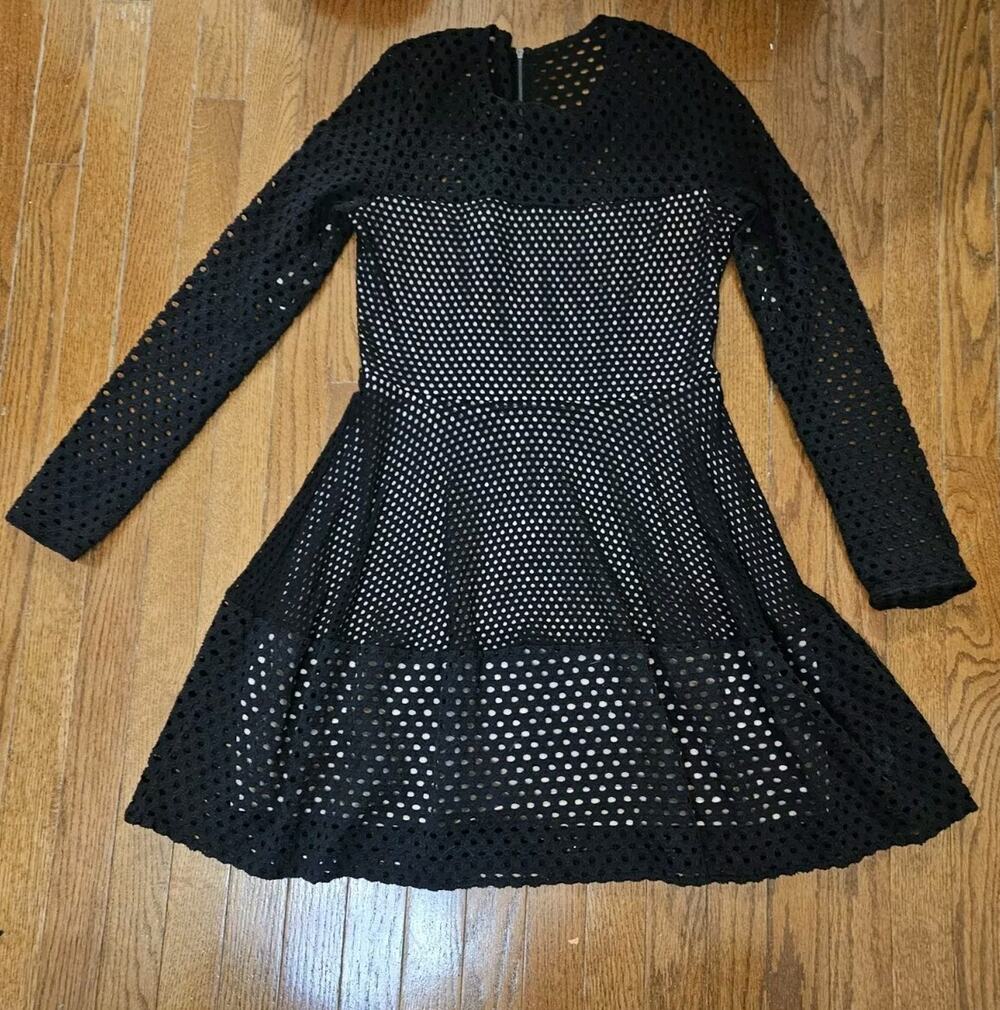 BCBGMAXAZRIA Sz Large Black A-Line Long Sleeve Dress Stretchy Eyelet Balletcore